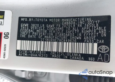 2017 Toyota Corolla Le from USA, damaged, VIN 2T1BURHE7HC849626